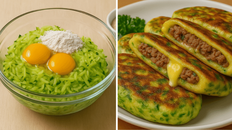 Panquecas de abobrinha com recheio de carne e queijo para um almoço cheio de sabor